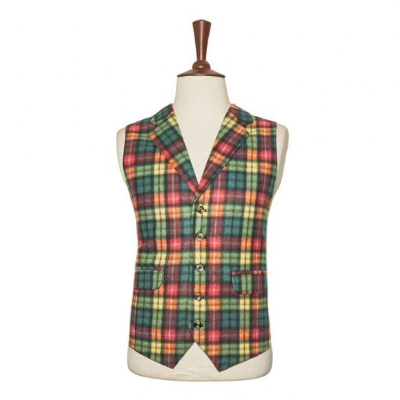 Mens 46R Wool Vest Green Red Yellow Tartan Plaid Waistcoat Preppy Formal Casual - Picture 1 of 8